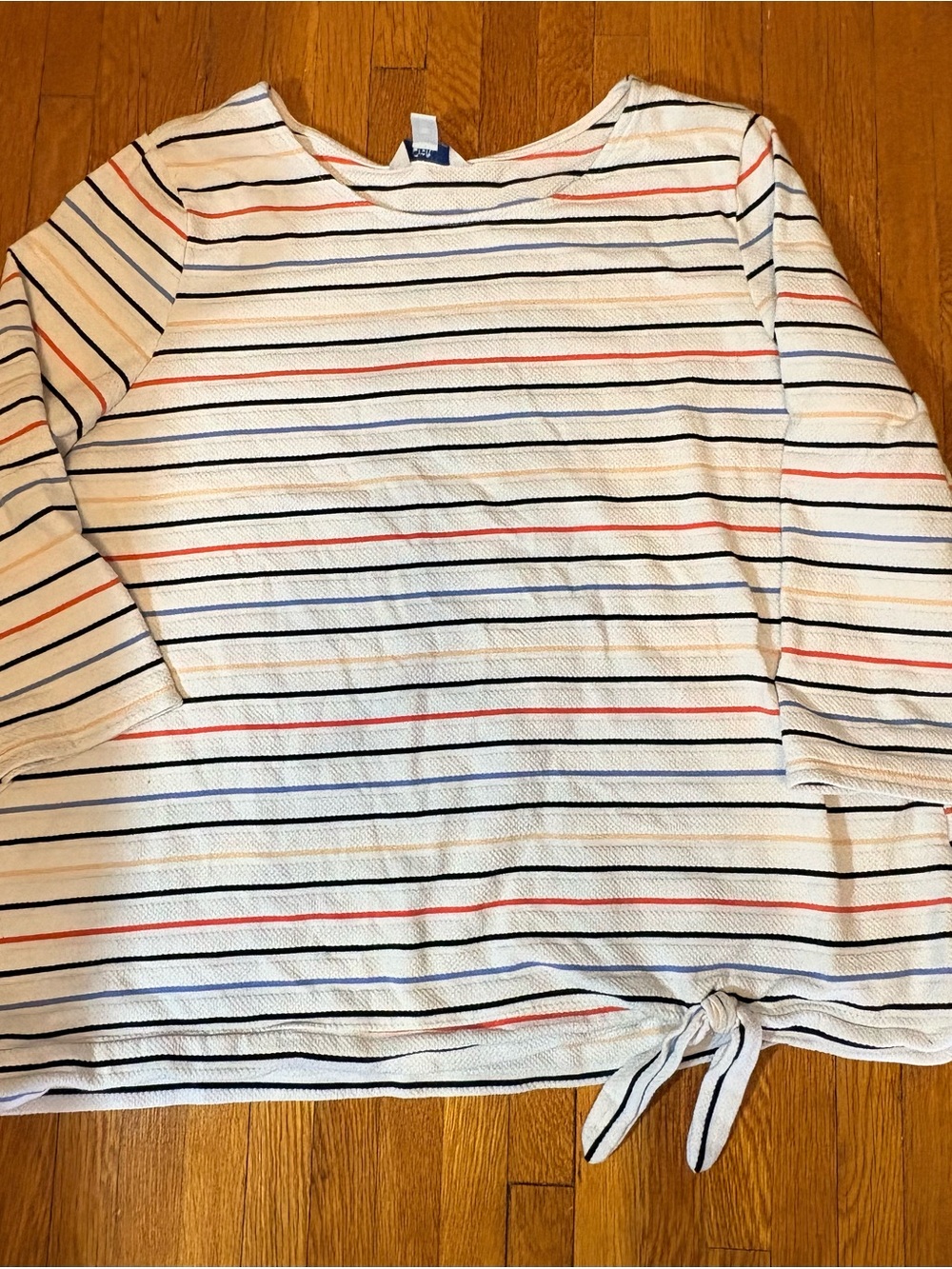 PLUS WOMEN ADULT Striped Tie-Hem Top - White with Red & Navy Stripes